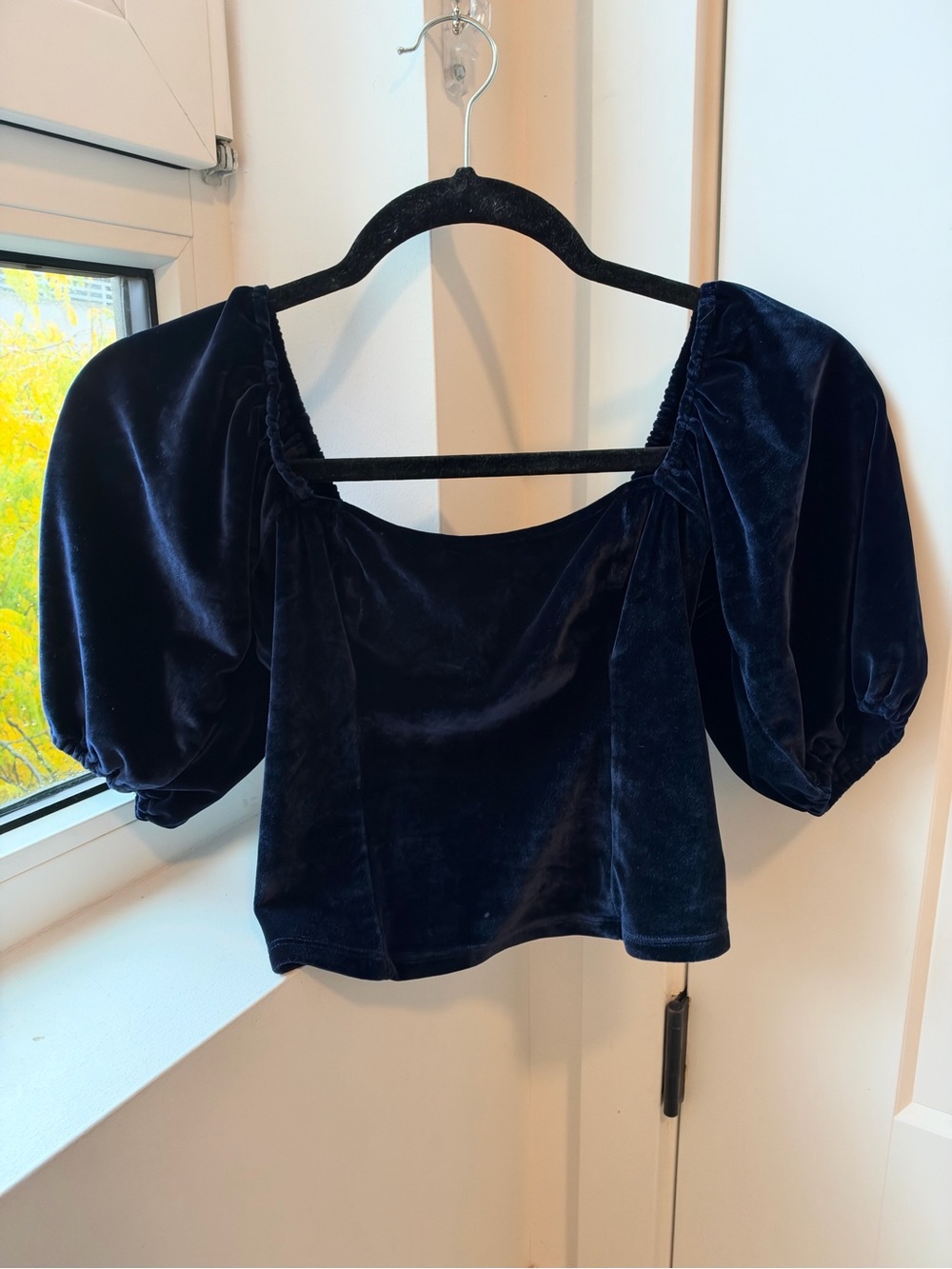 Abercrombie & Fitch Navy Velvet Puff-Sleeve Square Neck Top